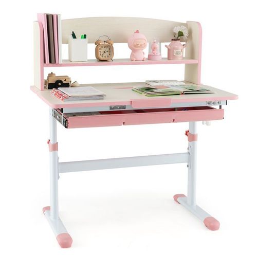 Costway Bureau D'étude Pour Enfant 3 À 12 Ans, Plateau Inclinable Réglable En Hauteur 50,5-73 Cm, Tiroir, Règle De Mesures, Rose
