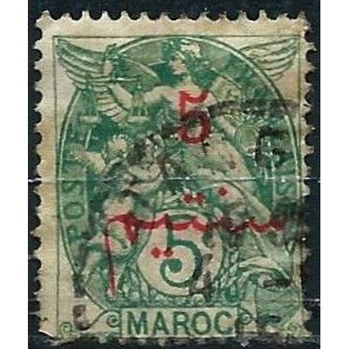 Maroc, Bureaux Français 1911, Beau Timbre Yvert 28, Type Blanc 5c. Vert, Libellé Maroc, Avec Surcharge Rouge, Oblitéré, Tbe.