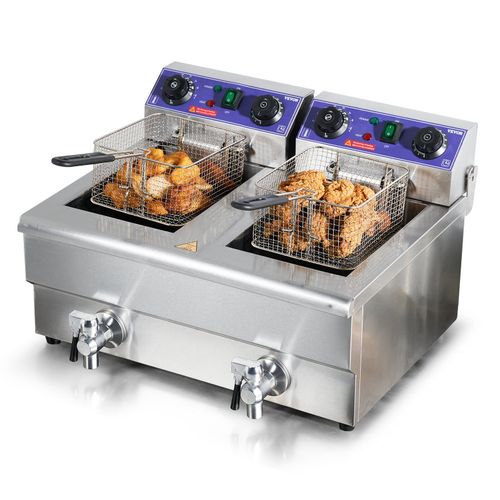 2 x 12L Friteuse Électrique Professionnel Double Réservoir Friteuse Avec Huile En Inox Cuve Amovible Vane De Vidange Acier Inoxydable 6000W