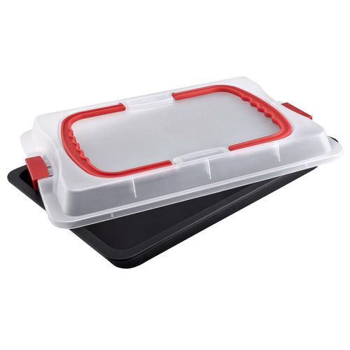 Dr Oetker 1012 Plaque De Cuisson Avec Couvercle, Plaque De Cuisson, Boite Transport Gâteau, Plaque Pour Four, Plaque À Pâtisserie, Acier Inoxydable, Plastique, Noire, 42 X 29 X 4 Cm