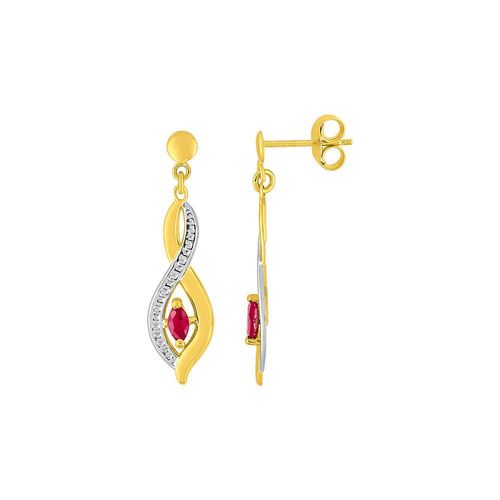 Boucles D'oreilles Bicolores Pendantes Femme - Rubis - Or 9 Carats