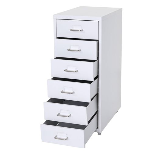 Caisson À Tiroirs Rangement Bureau Sur Roulettes 69x28x41cm 6 Tiroirs En Acier Blanc 04_0004357