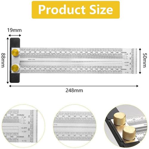 Règle de Marquage de Précision Règle T-rule Règle de Marquage Règle en Acier Inoxydable Règle de Traçage de 200 mm Règle de Travail du Bois Jauge de Marquage Parallèle Argent pour Mesure