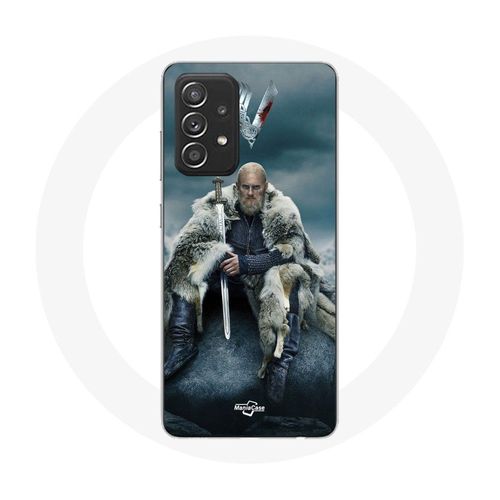 Coque Pour Samsung Galaxy A52 Vikings Série Saison 6 Ragnar Lothbrok Logo V Epée Gris Fond Brouillard