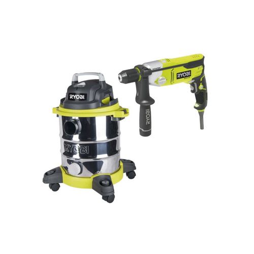 Pack RYOBI Aspirateur eau et poussière - 1250W - 20L - RVC-1220I-G - Perforateur Burineur SDSPLUS - 1050W - RSDS1050-K