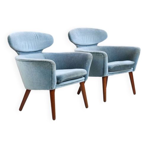Rare Paire De Fauteuils Danois En Teck Et Mohair Des Annes 1950 Bleu