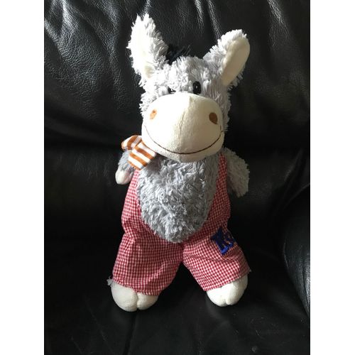 Doudou Peluche Ane Gris Blanc Écharpe Rayé Marron Blanc , Ile De Ré 35cm Sandy