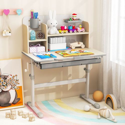 Costway Bureau D¿Étude Pour Enfants 3 À 12 Ans, Hauteur Réglable, Plateau Inclinable Étagère De Rangement Tiroir Porte-Stylo, Gris