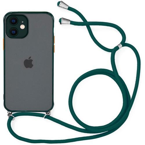 Coque Pour Iphone 12 Mini (5.4'') Dure Rigide Semi-Transparente Protection Anti-Choc Légère + Bandoulière Réglable Vert Nuit