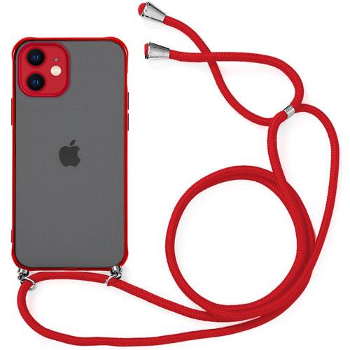 Coque Bandoulière Pour Iphone 12 Mini (5.4'') Rouge Protection Anti-Choc Mince Rigide Semi-Transparente Givrée