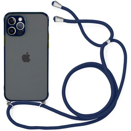 Coque Pour Iphone 12 Pro Max (6.7'') Légère Semi-Transparente Couleur Vive Dure Givrée Inclu Tour De Cou Universel Bleu Marine