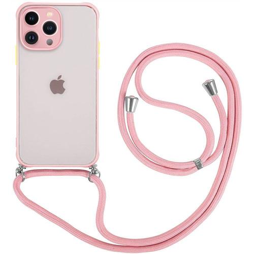 Coque Pour Iphone 13 Pro (6.1'') Rigide Dure Givrée Protection Anti-Choc Couleur Vive + Bandoulière Réglable Rose