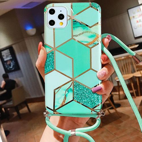 Coque Bandoulière Réglable Pour Iphone 11 Pro (5.8'') Turquoise Brillant Tpu Antichoc Motif Marbre Anti-Rayure