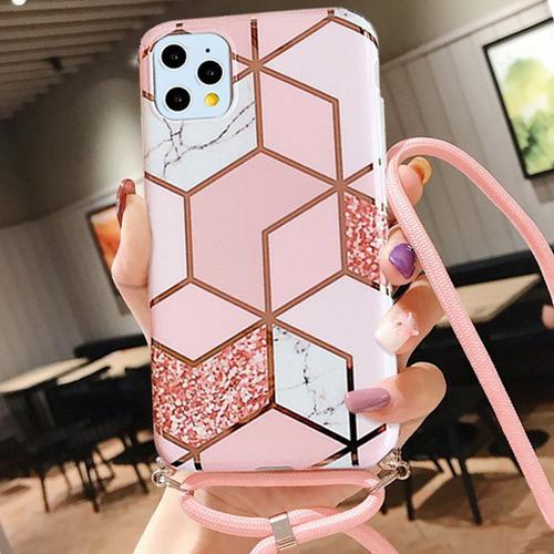 Coque Chaîne De Portable Pour Iphone 11 Pro (5.8'') Rose Rigide Brillant Motif Marbre Tpu