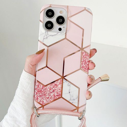 Coque Bandoulière Réglable Pour Iphone 12 Pro (6.1'') Rose Anti-Rayure Rigide Motif Marbre Brillant Tpu