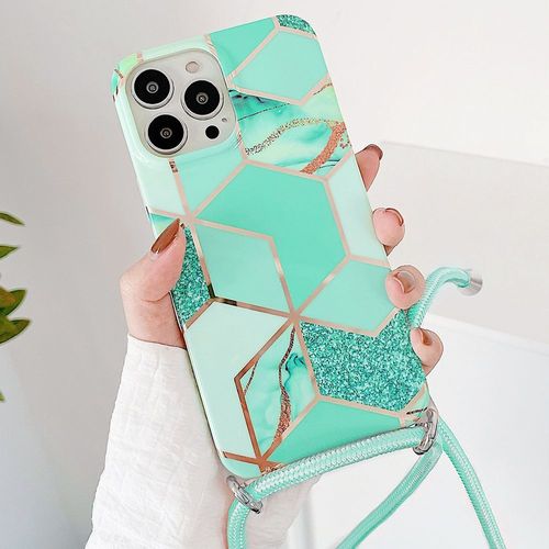 Coque Cordon De Serrage Pour Iphone 12 Pro (6.1'') Turquoise Brillant Tpu Motif Marbre Antichoc Anti-Rayure