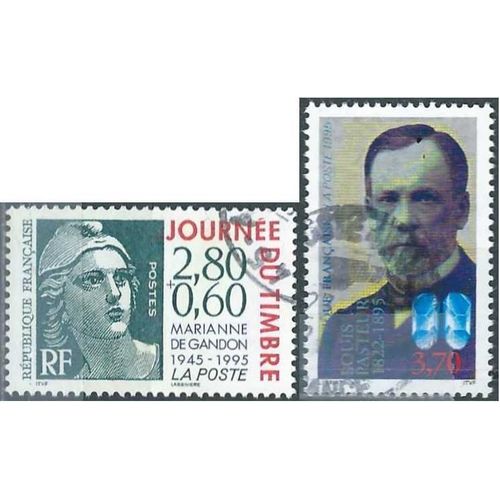 France 1995, Beaux Timbres Yvert 2925 Centenaire De La Mort De Louis Pasteur, Et 2933 Journée Du Timbre, Hommage À La Marianne De Gandon, Avec Surtaxe, Oblitérés, Tbe -