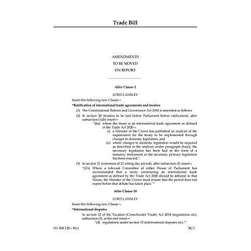 Trade Bill Amendments To Be Moved On Report (House Of Lords) Hlb 128 R E