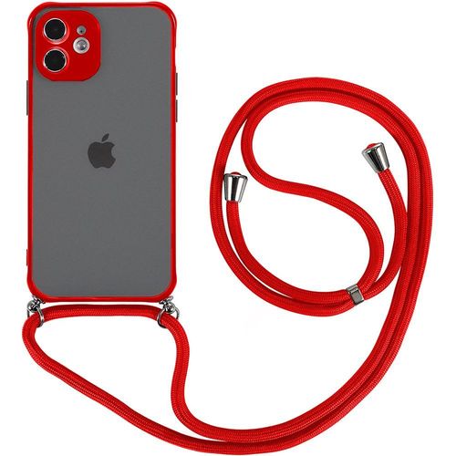 Coque Bandoulière Pour Iphone 12 (6.1'') Rouge Couleur Givrée Mince Dure Rigide