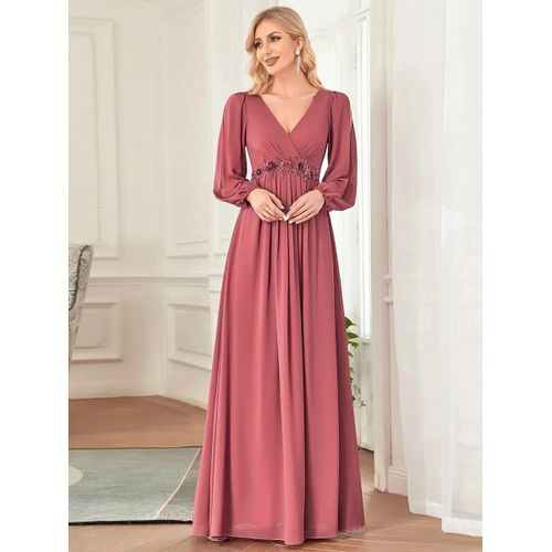 EVER PRETTY-robe de soirée en mousseline de soie bordeaux,élégante,manches longues lanterne,col en v,ceinture fleurie,robe de Rhpour femmes,2024