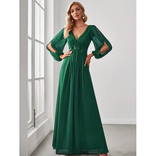 EVER PRETTY-robe de soirée en mousseline de soie bordeaux,élégante,manches longues lanterne,col en v,ceinture fleurie,robe de Rhpour femmes,2024