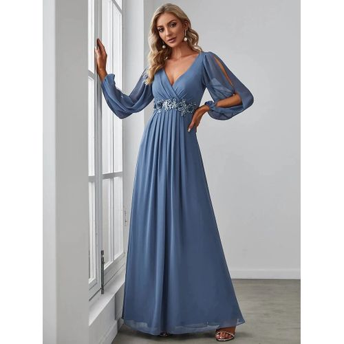 EVER PRETTY-robe de soirée en mousseline de soie bordeaux,élégante,manches longues lanterne,col en v,ceinture fleurie,robe de Rhpour femmes,2024