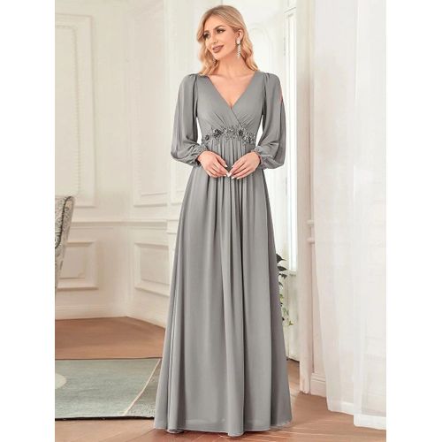 EVER PRETTY-robe de soirée en mousseline de soie bordeaux,élégante,manches longues lanterne,col en v,ceinture fleurie,robe de Rhpour femmes,2024