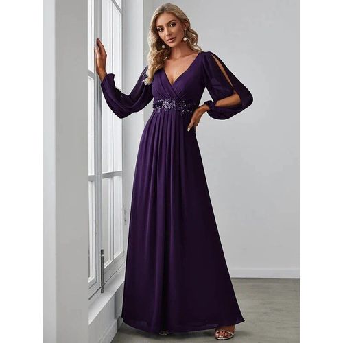 EVER PRETTY-robe de soirée en mousseline de soie bordeaux,élégante,manches longues lanterne,col en v,ceinture fleurie,robe de Rhpour femmes,2024
