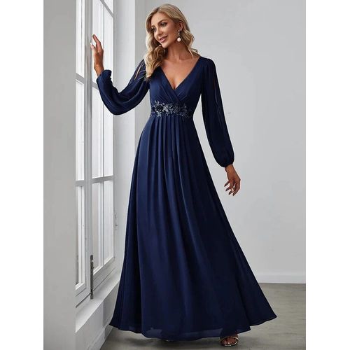 EVER PRETTY-robe de soirée en mousseline de soie bordeaux,élégante,manches longues lanterne,col en v,ceinture fleurie,robe de Rhpour femmes,2024