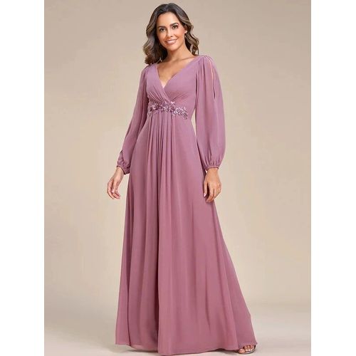 EVER PRETTY-robe de soirée en mousseline de soie bordeaux,élégante,manches longues lanterne,col en v,ceinture fleurie,robe de Rhpour femmes,2024