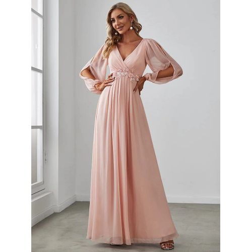 EVER PRETTY-robe de soirée en mousseline de soie bordeaux,élégante,manches longues lanterne,col en v,ceinture fleurie,robe de Rhpour femmes,2024