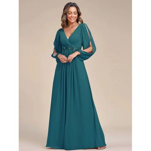 EVER PRETTY-robe de soirée en mousseline de soie bordeaux,élégante,manches longues lanterne,col en v,ceinture fleurie,robe de Rhpour femmes,2024