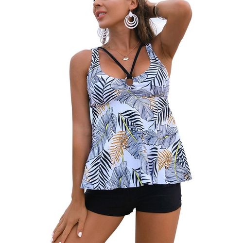 Maillot De Bain Pour Femmes, Tankini, Contrôle Du Ventre, Haut Avec Short Pour Garçons, Ajouré, Bretelles, Col En V, Imprimé Floral, Style Boho, Sexy
