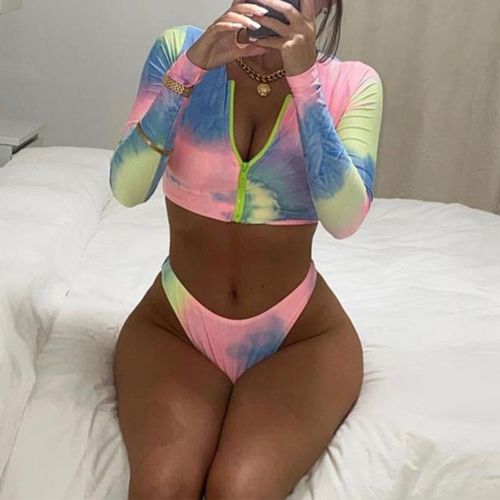 Ensemble Bikini Imprimé Tie-Dye Pour Femmes, Haut Court À Manches Longues Avec Fermeture Éclair Sur Le Devant, Taille Basse, Tanga, Soutien-Gorge Push Up Rembourré, Protection Solaire, Costume De Bain