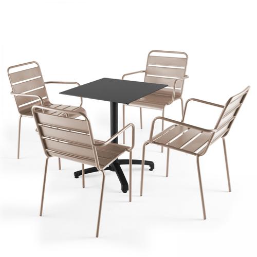 Table De Jardin Hpl 60x60cm Noir Et 4 Fauteuils Palavas Taupe