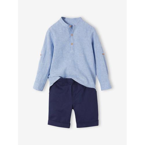 Ensemble Céremonie Chemise Col Mao Et Short Garçon Rayé Bleu