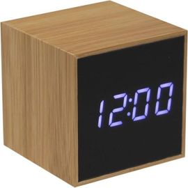 Anytime 39-1H-102 Réveil numérique LED Bambou Beige et noir Affichage LED blanc Petit modèle H6,2 x 6,2 x 6,2 cm