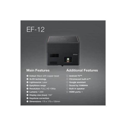 Epson EF-12 - Projecteur 3LCD - portable - 1000 lumens (blanc) - 1000 lumens (couleur) - Full HD (1920 x 1080) - 16:9 - noir - Android TV