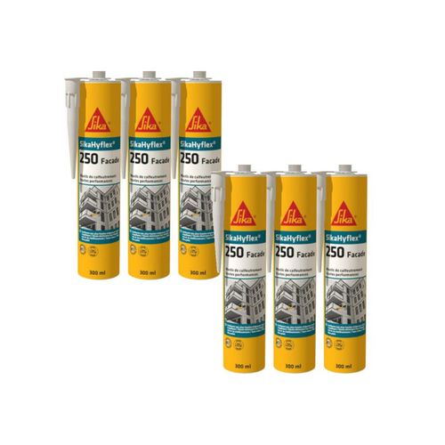 Lot de 6 mastics haute performance SIKA SikaHyflex 250 Façade - Gris béton - 300ml