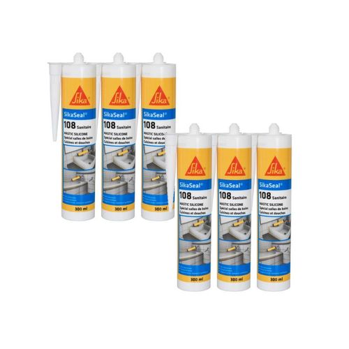 Lot de 6 mastics silicones anti-moisissure SIKA Sikaseal 108 Sanitaire - Gris clair - 300ml