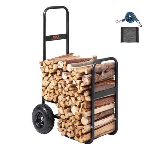Chariot Transport Bois de Chauffage-VEVOR- Charge 113,4 kg- 67x52x110 cm-avec Roues Gonflables Caoutchouc Porte Bûche-Noir