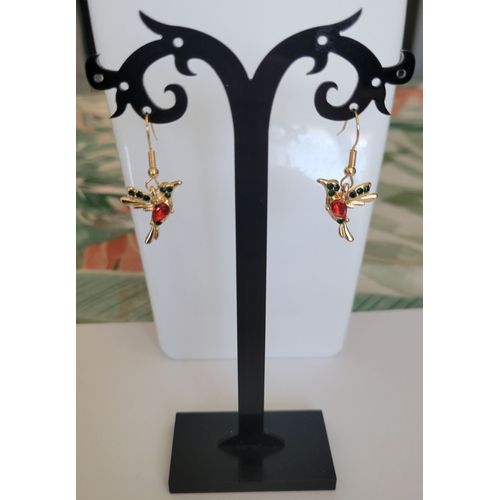 Boucles D'oreilles Colibri Oiseau Dore Strass !