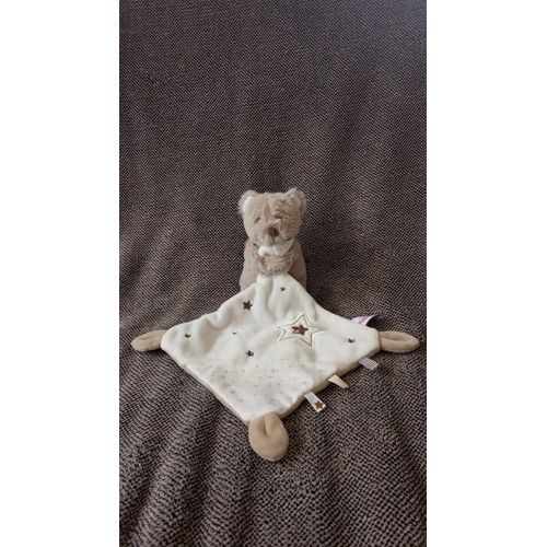 Doudou Ours Brun Et Mouchoir Blanc - Pommette - Ourson Étoile Fanions