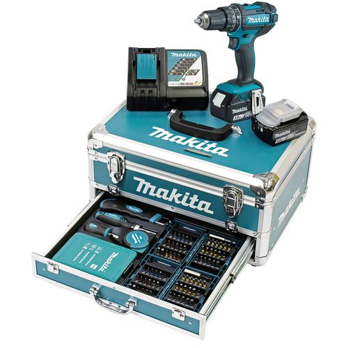 Makita Perceuse visseuse a percussion sans fil 18V DHP482 2 batteries 18 V 3 Ah, chargeur, accessoires coffret