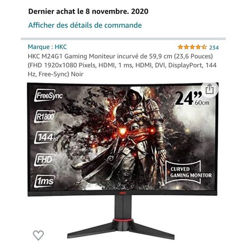 HKC M24G1 Gaming Moniteur incurvé de 59,9 cm (23,6 Pouces) (FHD 1920x1080 Pixels, HDMI, 1 ms, HDMI, DVI, DisplayPort, 144 Hz, Free-Sync) Noir