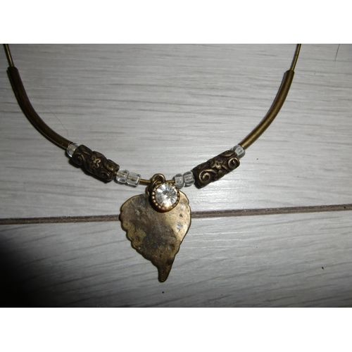 Collier Feuille & Diamant En Métal Vieilli