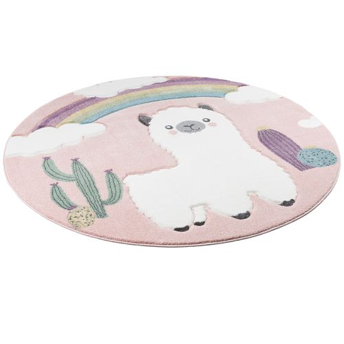 Pergamon Maui Kids - Tapis Pour Enfant Rond - Motif Lama Alpaga Paysage Désertique Coloré Colorée 160x160 Cm