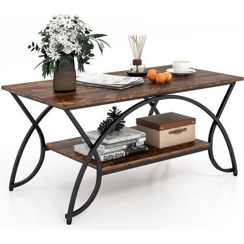 Costway Table Basse De Style Industriel À 2 Niveaux 100x50x45 Cm, Table De Salon Avec Structure Métal, Coussinets De Pied Réglables