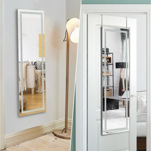 COSTWAY Miroir Mural / de Porte LED, Miroir Psyché Lumineux à 3 Couleurs, Cadre en MDF, 120 x 37cm, Blanc