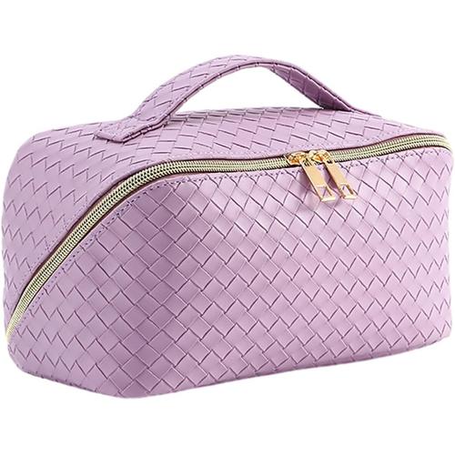 Sac de voyage de maquillage, sac de maquillage de voyage imperméable en cuir PU de grande capacité, sac de maquillage plat ouvert sac cosmétique sac de toilette, violet